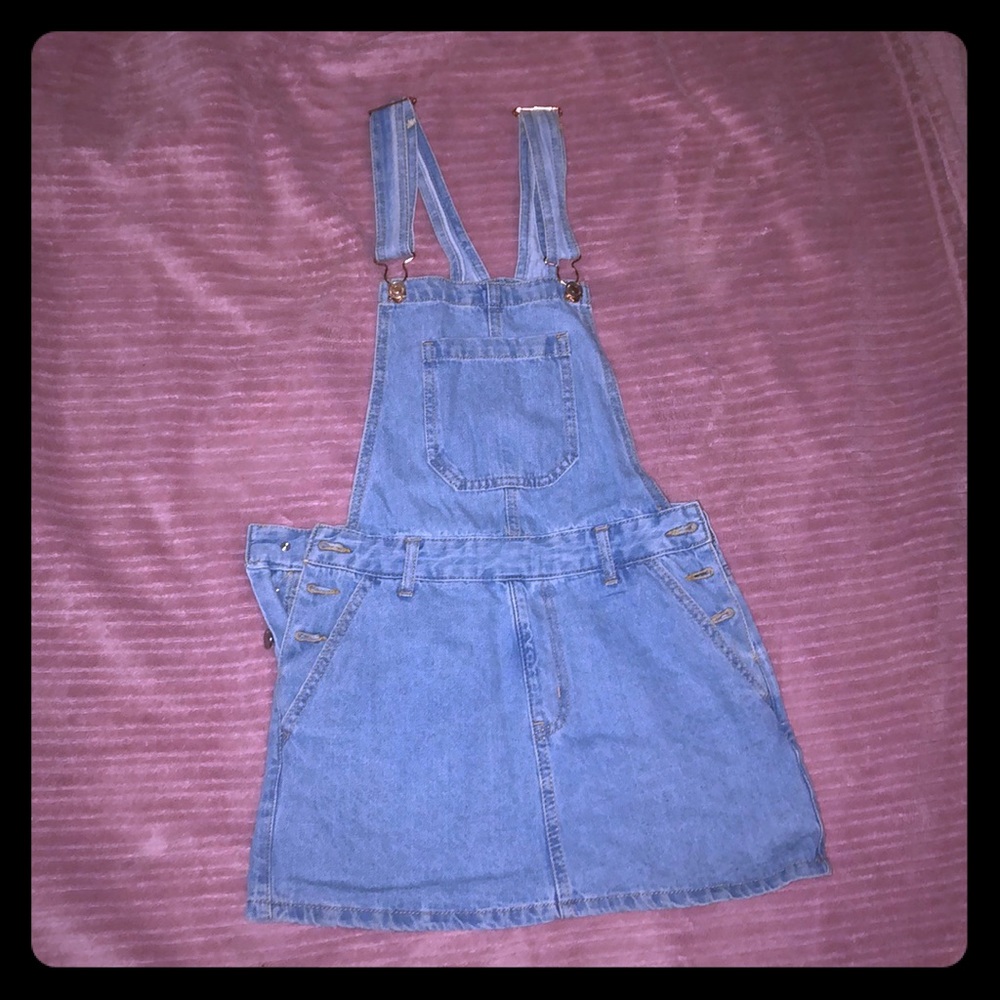 Denim skirt overalls.
